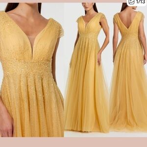 NWT Mac Duggal 37018 Embellished Cap Sleeve V Neck Tulle Gown Gold